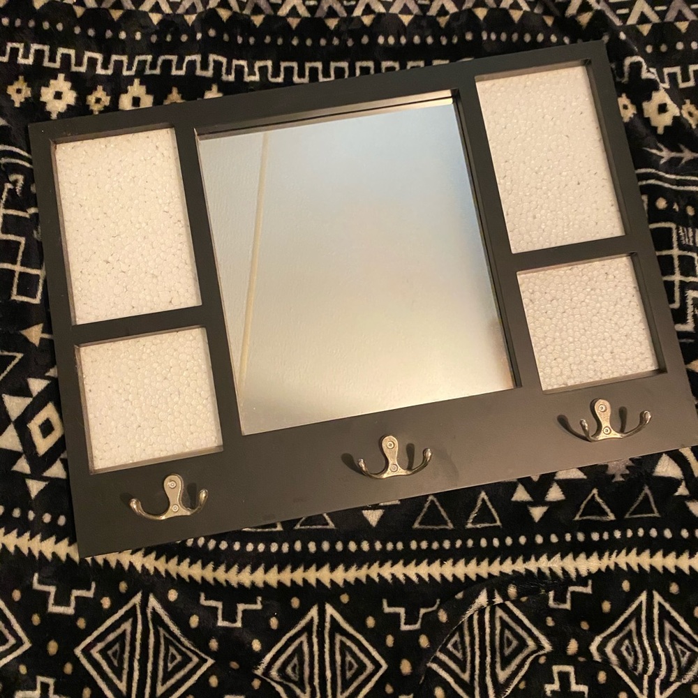 Mirror with 4 picture frames and 3 2-sided hooks